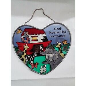 Stained Glass Art BIBLICAL WALL HANGING NOAHS ARK HEART SHAPED WITH CHAIN 8”x7”